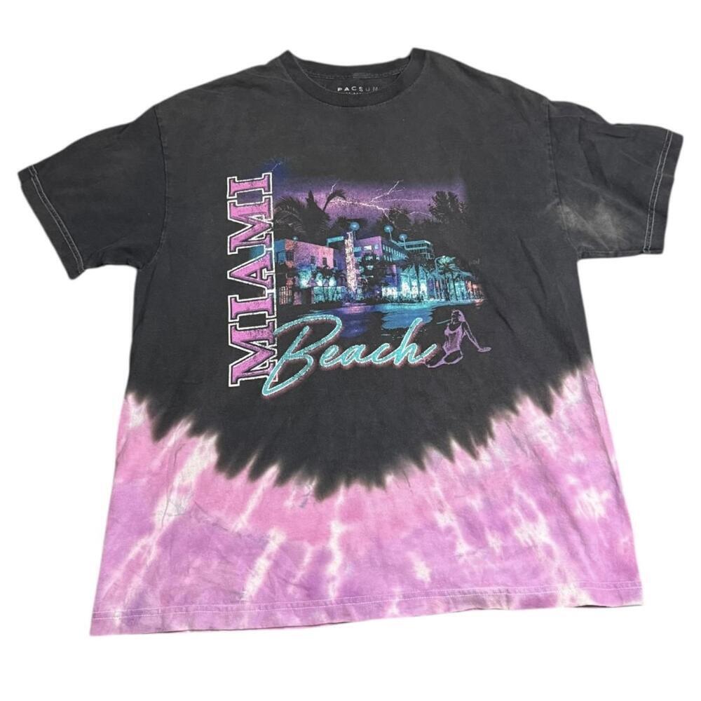 PacSun Miami Beach tie dye tee L black purple pastel graphic unisex beach shirt